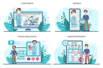 Dentist online service or platform set. Dental doctor in uniform treating