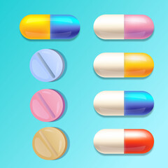 Vector 3d realistic icon of medical pills and capsules in close-up. Isolated. Design template for tablets, capsules for graphics. 