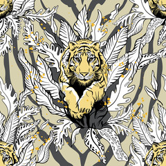 Tiger in the jungle seamless pattern.Tger jumping freehand drawing.