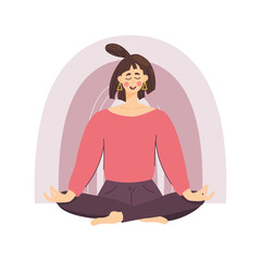 The concept of a meditating girl against a rainbow background, A woman relaxes and calms down in the lotus position. Good health and well-being during meditation. Vector illustration in a flat style