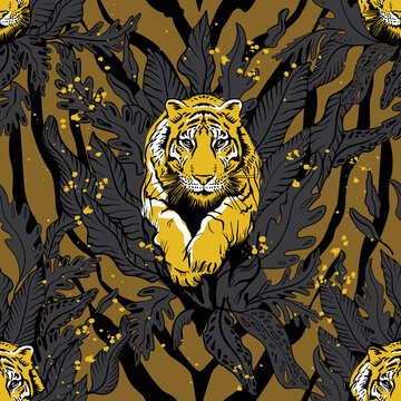 Tiger in the jungle seamless pattern.Tger jumping freehand drawing.