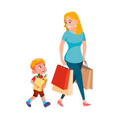 Boy Child Help Woman Carrying Shopping Bag Vector. Polite Son Kid Help Mother Carry Shopping Bag Packages With Grocery Food, Infant With Good Manners. Characters Flat Cartoon Illustration