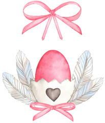 Watercolor Spring Easter composition. Hand drawn pink egg with feathers and bow