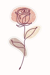 Single line drawing of rose with textured color spots vector hand drawn line art style textured background
