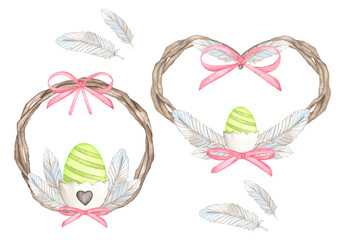 Watercolor Spring Easter wreath. Hand drawn tree branch with feathers, eggs