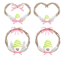 Watercolor Spring Easter wreath. Hand drawn tree branch with feathers, eggs