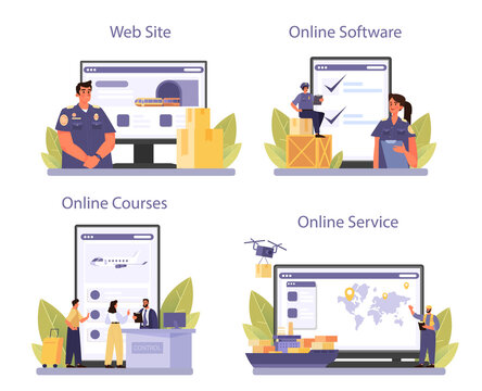 Customs officer online service or platform set. Passport control at the airport