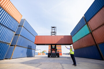 Container Supervisor Control forklift handing Import and Export While Inspecting Containers Box in Warehouse Storage