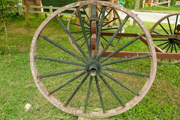 Fototapeta na wymiar Wagon wheel made of wood, round, outdoor use