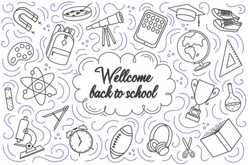 Welcome back to school banner. Set of school icons.