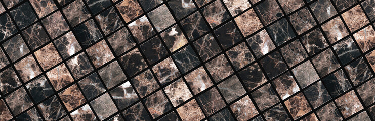 Background and texture of brown marble mosaic. Panorama. Banner.