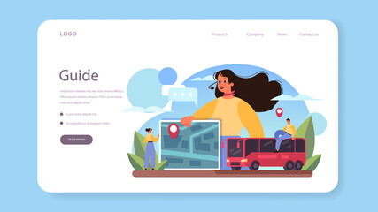 Tour vacation guide web banner or landing page. Tourists listening
