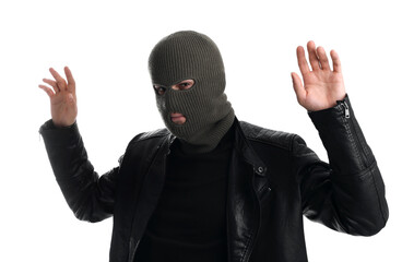 Man wearing knitted balaclava on white background