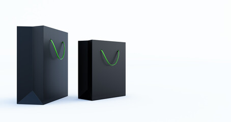 3d render of Black Paper Bag Template with green handle rope, Isolated on white background