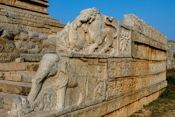 Rich decorated wall of the Mahanavani Dibba, Hampi, Karnataka, India, Asia
