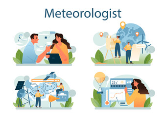 Meteorologist concept set. Weather forecaster studying and researching - obrazy, fototapety, plakaty