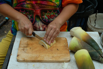 Cook was sliced bamboo shoots,their food is asian