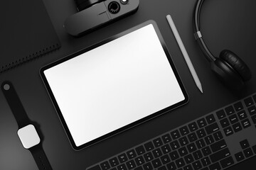 3D illustration Top view mock up digital tablet with white screen and stylus pen on dark background