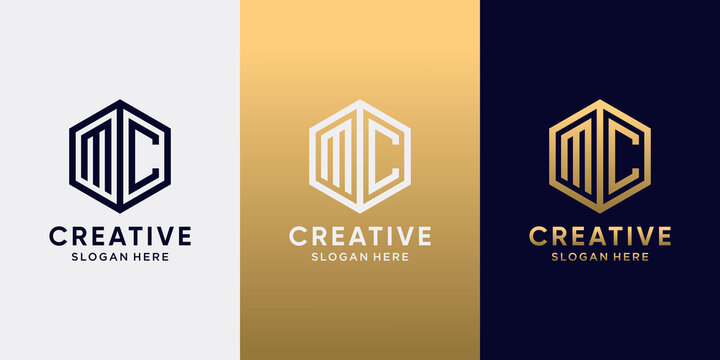 Creative monogram logo design initial letter MC with line art style and hexagon concept. Logo design template for business company and personal