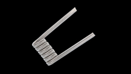 close up, macro shot of prebuilt triple core alien clapton coil, fancy coil, art coil isolate on black background, for atomizer, atty, e-cigarette, vaping device