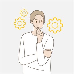Fototapeta na wymiar Young man thinking or solving problem with gear icon. Concept of innovative ideas, creative thought, creativity and imagination. Hand draw style. Vector illustration.