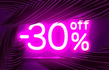 Neon frame 30 off text banner, summer bar promotion. Night Sign board. Vector
