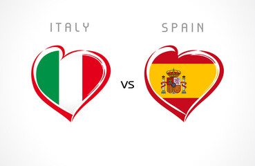 Italy vs Spain, flags in heart emblem. Italian and Spanish national team soccer flags on white background. Vector illustration for football championship final banner