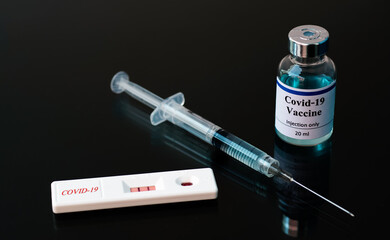 rapid test Coronavirus (covid-19) with vaccine bottle and syringe.	