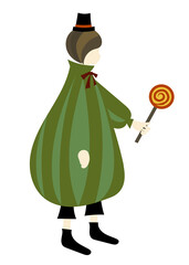 手描きイラスト素材：ハロウィンの仮装をした子供（棒キャンディーを持ったカボチャ衣装・緑）