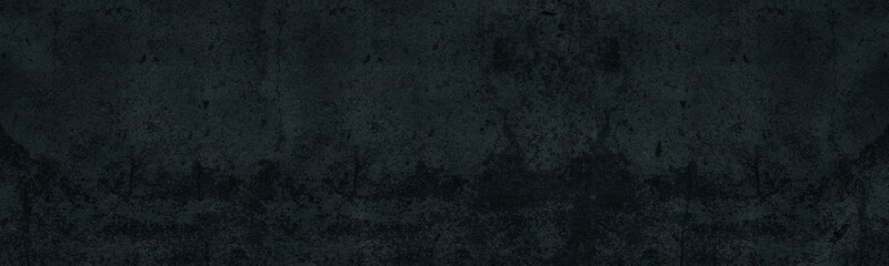 Black old rough exterior concrete wall panoramic texture. Dark painted shabby cement slab panorama. Gloomy abstract grunge background