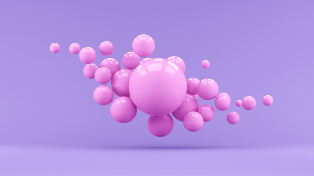 Many pink balloons flying on purple background. 3d render illustration. Abstraction background for ideas.