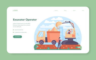 Excavator operator web banner or landing page. Industrial builder