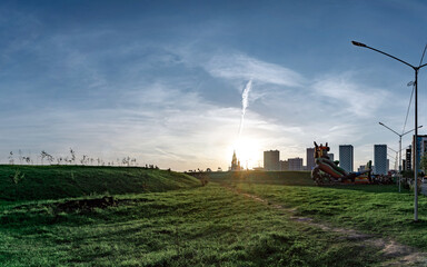 Church of the saints and God's builders at sunrise against the backdrop of a clear sky and withered...
