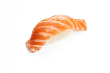 Appetizing nigiri sushi with salmon. Classic Japanese cuisine. Food delivery. Isolated on white.