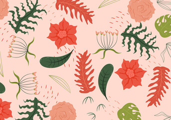 Abstract flat hand draw floral pattern background. Vector.