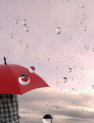 Woman reflected in rain drops with red umbrella on a rainy day 3d render