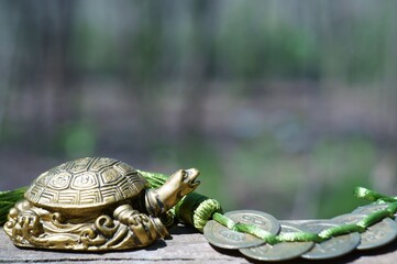 Naklejka premium A metal turtle figurine and a bunch of Chinese feng shui coins.