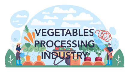 Vegetables processing industry typographic header. Idea of agriculture