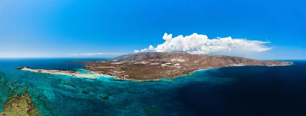 Foto auf Acrylglas Elafonissi Strand, Kreta, Griekenland Panorama of whole Crete Island, Greece. Blue lagoon water and paradise beach of Elafonissi on the south-west coast of the island.
