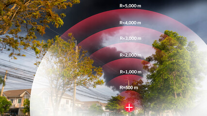 red radar screen interface showing the distance of the area and a large cloud of toxic smoke in the background