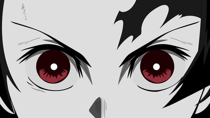 Anime face close-up on black background. Web banner for anime, manga, cartoon - 443458360