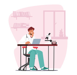 Doctor Male Character Working in Medical Laboratory Examining Blood Samples in Test Tubes. Medic Testing Lifeblood