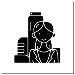 Female founder glyph icon. Successful businesswoman. Profitable startup. Prosperous business founder. Perfect financier. Strong woman concept.Filled flat sign. Isolated silhouette vector illustration