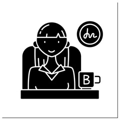 Female boss glyph icon.Successful woman launch startup.Business woman sitting in chair,drinking coffee. Profitable financer,leader.Filled flat sign. Isolated silhouette vector illustration