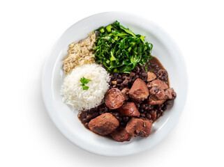Traditional Brazilian feijoada food from above on white background