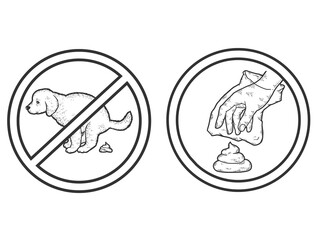 Set prohibition sign. Puppy pooping. Clean up after your dog. Dog owner cleaning the lawn with plastic bag.