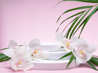 White geometric shapes podium for product display on pink background with orchid flowers and palm leaves. Monochrome stage, stand for product promotion in minimal style. Copy space for your design. 