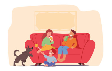 Kids Fun at Home Concept. Little Children with Soda Drink Sitting on Sofa Drinking Beverages and Playing with Dog