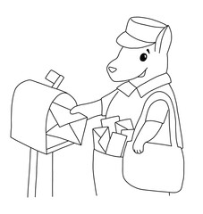 The outline of kangaroo postman in a postman's hat with letter bag and mailbox