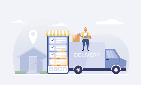 Online delivery van service concept. Box delivery man. Find customer address by mobile app. vector illustration